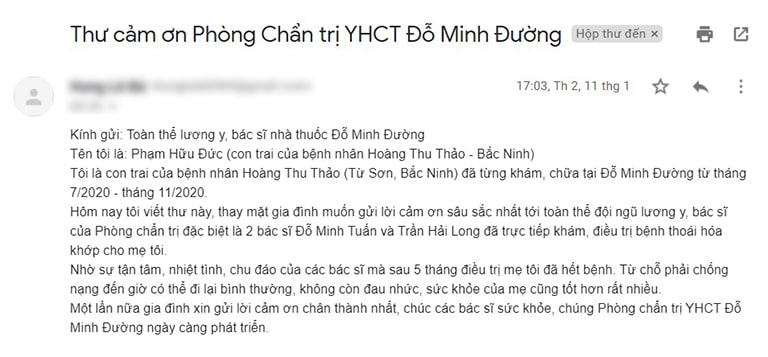 Thư cảm ơn từ gia đình cô Thảo gửi tới phòng chẩn trị Đỗ Minh Đường (ảnh chụp màn hình mail)
